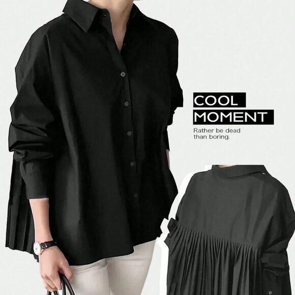 Black Casual Women's Loose Pleated Oversize Elegant Long-sleeved shirt - Picture 4 of 4